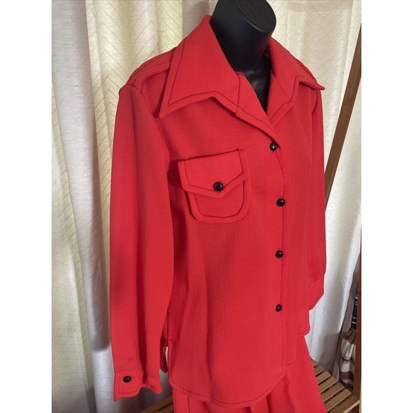 Vintage 1960’s 1970’s Red Collared Wide Leg Pant Suit Large Size 14 Stretchy - Picture 3 of 9